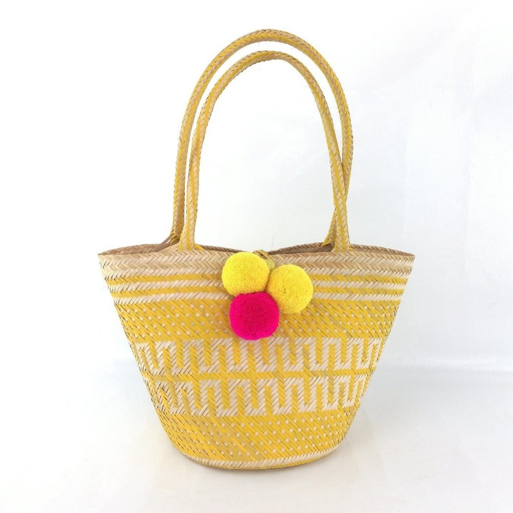 Handwoven Straw Bag with Pom Poms